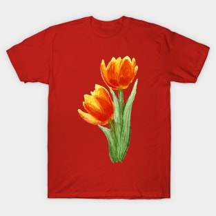 Painterly Watercolour Flowers Tulips Yellow Orange Red T-Shirt